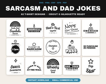Paquete de archivos SVG con chistes sarcásticos de papá, 82 diseños divertidos para camisetas (descarga digital)