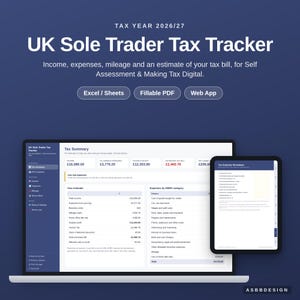 Pode incluir: Um rastreador fiscal digital para trabalhadores independentes no Reino Unido para o ano fiscal 2026/27, exibido num portátil e tablet. A interface mostra um resumo fiscal, rendimentos, despesas, quilometragem e estimativas de impostos.