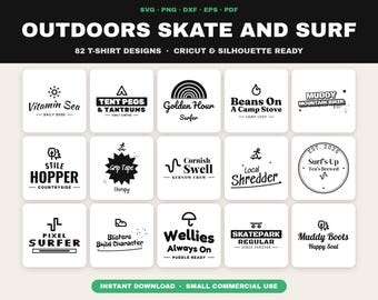 Paquete de 82 diseños SVG de aventuras al aire libre: senderismo, acampada, surf y skate (descarga digital).