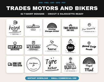 Paquete de 82 archivos SVG de oficios: Mecánicos, Enfermeros, Motociclistas, Constructores (Listo para Cricut)