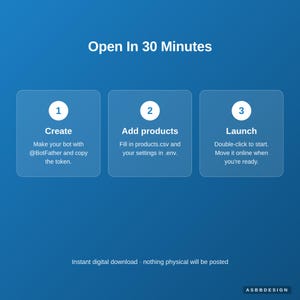 May include: A blue digital graphic with the text Open In 30 Minutes. It features three numbered steps: 1 Create, Make your bot with @BotFather and copy the token; 2 Add products, Fill in products.csv and your settings in .env; 3 Launch, Double-click to start.