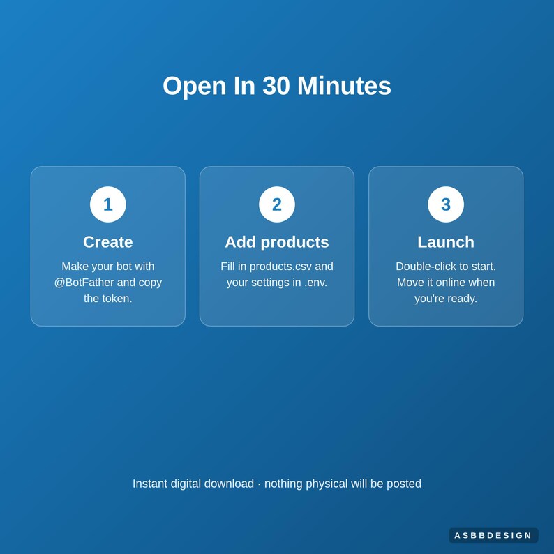 May include: A blue digital graphic with the text Open In 30 Minutes. It features three numbered steps: 1 Create, Make your bot with @BotFather and copy the token; 2 Add products, Fill in products.csv and your settings in .env; 3 Launch, Double-click to start.