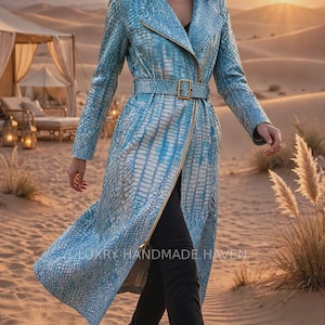 Women Light Blue Leather Trench Coat Long Hooded Crocodile Texture Jacket Fashionable Belted Coat
