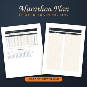 May include: A 16-week marathon training plan and run log document. The training plan features a table with columns for week, distance, and pace, plus a bar chart comparing weekly miles. The run log includes columns for date, distance, and notes.