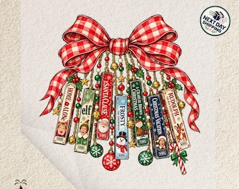May include: A DTF transfer design featuring a large red and white gingham bow with hanging gold chains decorated with colorful beads, stars, and bells. Suspended from the chains are six miniature VHS tapes titled Home Alone, Elf, The Santa Clause, Frosty the Snowman, A Charlie Brown Christmas, Christmas Vacation, and Rudolph the Red-Nosed Reindeer.