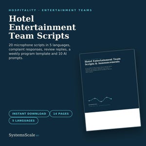 May include: A digital document titled Hotel Entertainment Team Scripts featuring 20 microphone scripts in 5 languages, complaint responses, review replies, a weekly programme template, and 10 AI prompts. The document is 14 pages long.