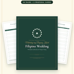 May include: A dark green Filipino wedding planner with a white floral wreath graphic and gold text reading Mabuhay ang Bagong Kasal Filipino Wedding. The set includes 26 pages and 5 proposal cards, featuring internal pages for tracking entourage and church documents.