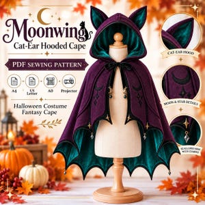 Cat Ear Hooded Cape Sewing Pattern PDF, Halloween Costume Pattern, Fantasy Cape Pattern, Kids Hooded Cloak, Bat Wing Cape, A4 A0 Projector