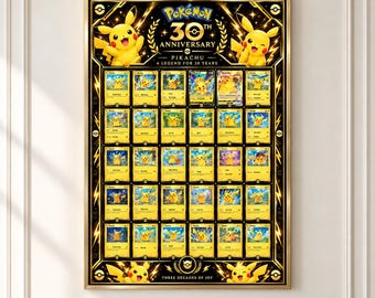 30th Anniversary Pikachu Card Display | Pokemon Card Frame | 30 Card 6x5 Layout | TCG Card Display | 50x70cm Printable Digital Download