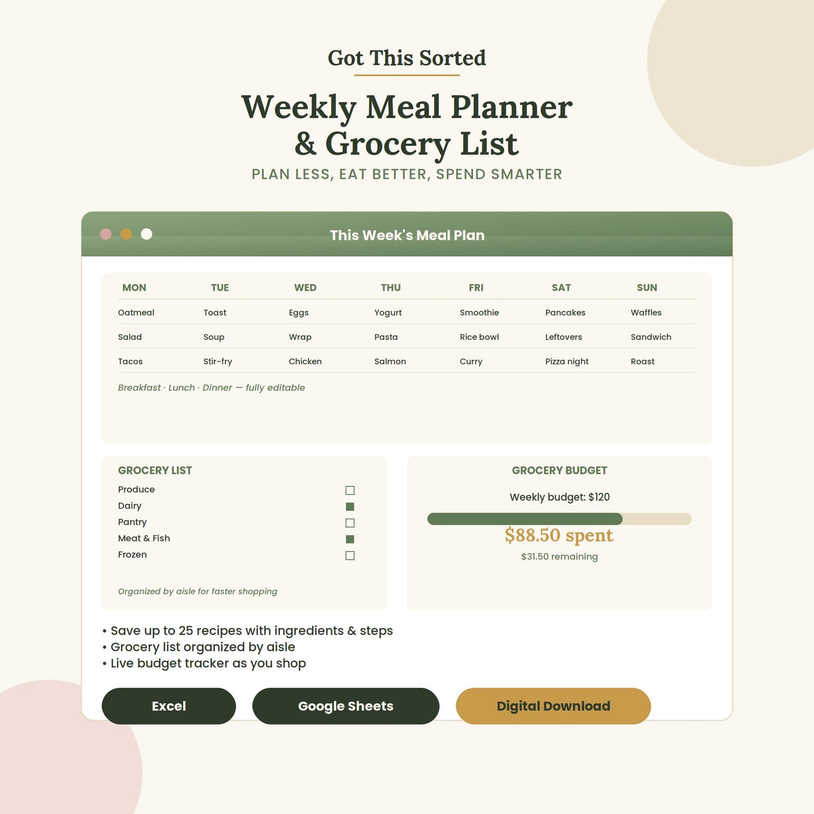 Weekly Meal Planner and Grocery List Spreadsheet | Recipe Organizer ...