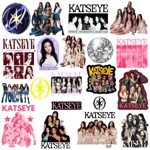 Pode incluir: Uma coleção de adesivos do grupo musical KATSEYE, incluindo vários retratos de grupo, fotos individuais dos membros, o logotipo KATSEYE, uma bola de discoteca, um emblema de estrela amarela e uma ilustração dos membros.