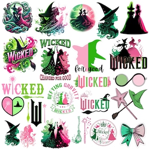 Puede incluir: Una colección de pegatinas con siluetas de dos figuras en verde y rosa, que incorporan el texto Wicked, Defying Gravity y For Good. Los diseños incluyen sombreros de bruja, escobas, varitas, corazones y lazos en paletas de colores vibrantes.