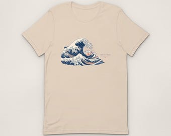 Calm in Chaos T-Shirt, Great Wave Teacup Unisex T-Shirt, Funny Illustrated Gift