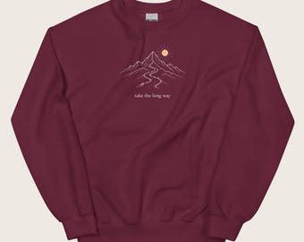 Take the Long Way Sweatshirt, Mountain Line Art Unisex Sweatshirt, Endless Minimalist Gift