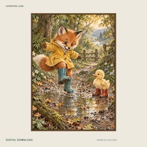 Puddle Fox Printable Wall Art, Kids Room Digital Download, 5 PDF Sizes Including 50x70 cm image 1
