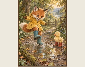 Puddle Fox Printable Wall Art, Kids Room Digital Download, 5 PDF Sizes Including 50x70 cm