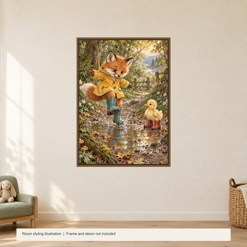 Puddle Fox Poster, Kids Animal Wall Art, 50x70 cm Unframed Matte Print image 2