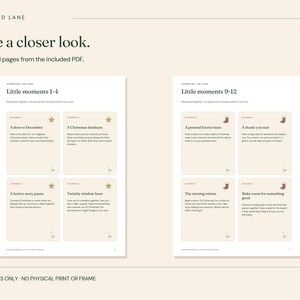 May include: Two pages from a digital PDF document titled Goodfind Lane. The pages feature activity cards labeled Little moments 1-4 and Little moments 9-12, each containing text prompts for holiday activities with small star and stocking icons.
