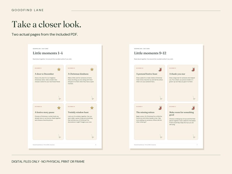 May include: Two pages from a digital PDF document titled Goodfind Lane. The pages feature activity cards labeled Little moments 1-4 and Little moments 9-12, each containing text prompts for holiday activities with small star and stocking icons.
