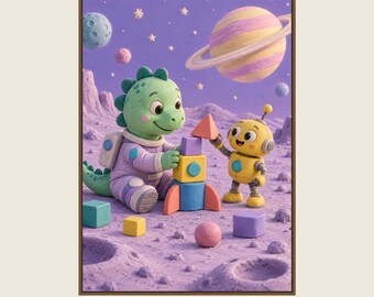 Dinosaur Builds on the Moon Printable Wall Art, Kids Room Digital Download, 5 PDF Sizes Including 50x70 cm
