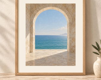 Mediterranean Arch Print, Coastal Sea View Wall Art, Digital Download