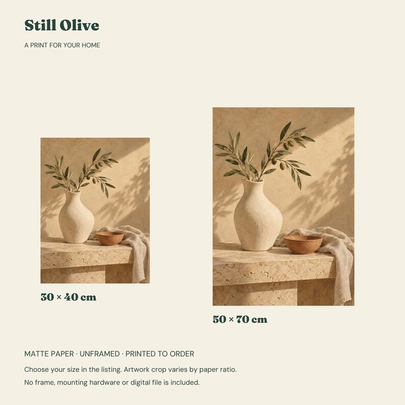 Olive Branch Art Print, Neutral Still Life Wall Art, 30x40 or 50x70 cm Unframed Matte Poster image 2