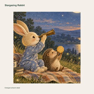 Stargazing Rabbit Printable Wall Art, Kids Room Digital Download, 5 PDF Sizes Including 50x70 cm 画像 3