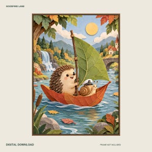 Hedgehog on an Adventure Printable Wall Art, Kids Room Digital Download, 5 PDF Sizes Including 50x70 cm image 1
