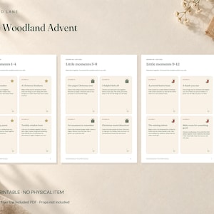 May include: Three white pages titled Little Woodland Advent, Little moments 1-4, 5-8, and 9-12. Each page contains four beige rectangular cards with black text and small holiday icons like stars, gifts, and stockings. The text includes activity prompts.