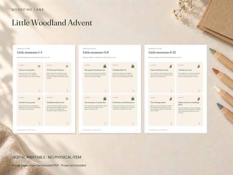 May include: Three white pages titled Little Woodland Advent, Little moments 1-4, 5-8, and 9-12. Each page contains four beige rectangular cards with black text and small holiday icons like stars, gifts, and stockings. The text includes activity prompts.