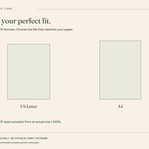 May include: A digital graphic with the text GOODFIND LANE and Find your perfect fit. Included PDF formats. Choose the file that matches your paper. Two light green rectangles labeled US Letter and A4. All listed PDF sizes included. Print at actual size / 100%. DIGITAL FILES ONLY - NO PHYSICAL PRINT OR FRAME. Colors may vary between screens, printers and paper.