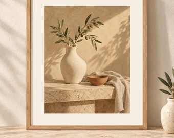 Olive Branch Still Life Print, Neutral Mediterranean Wall Art, Digital Download
