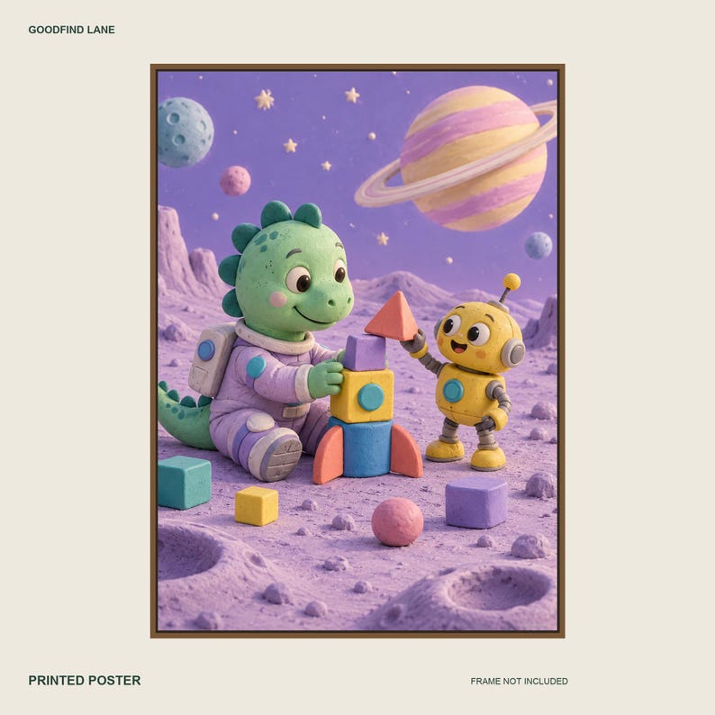 Dinosaur Builds on the Moon Poster, Kids Animal Wall Art, 50x70 cm Unframed Matte Print zdjęcie 1