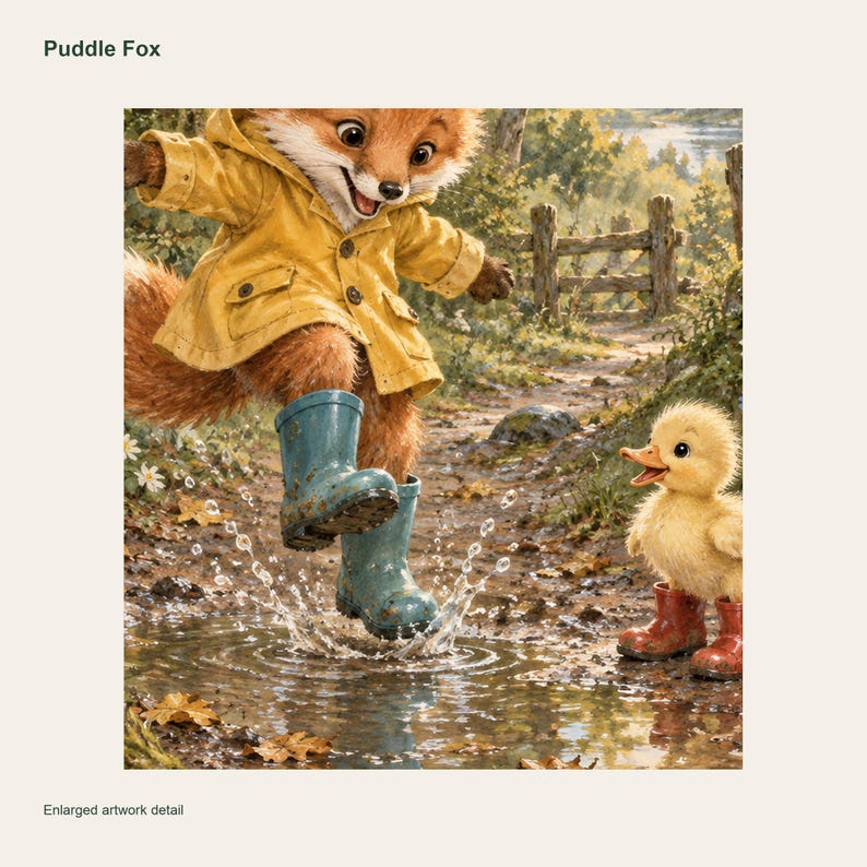 Puddle Fox Printable Wall Art, Kids Room Digital Download, 5 PDF Sizes Including 50x70 cm image 3