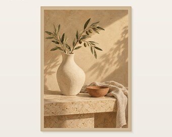 Olive Branch Still Life Print, Neutral Mediterranean Wall Art, Digital Download