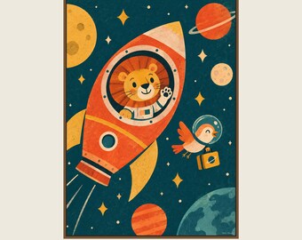Lion in Space Printable Wall Art, Kids Room Digital Download, 5 PDF Sizes Including 50x70 cm