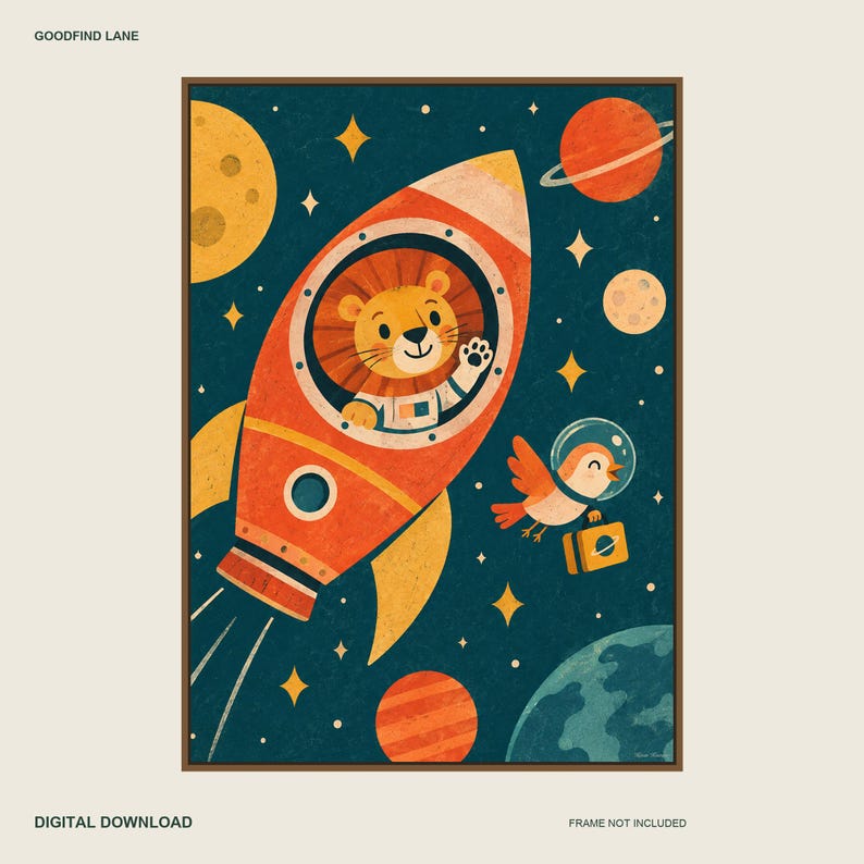 Lion in Space Printable Wall Art, Kids Room Digital Download, 5 PDF Sizes Including 50x70 cm image 1