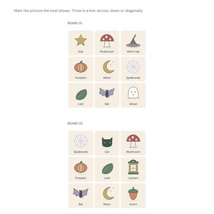 May include: A printable game sheet titled A little pumpkin bingo featuring two 3x3 grids labeled BOARD 01 and BOARD 02. Each grid contains icons of autumn and Halloween symbols like pumpkins, mushrooms, bats, ghosts, and stars with text labels.