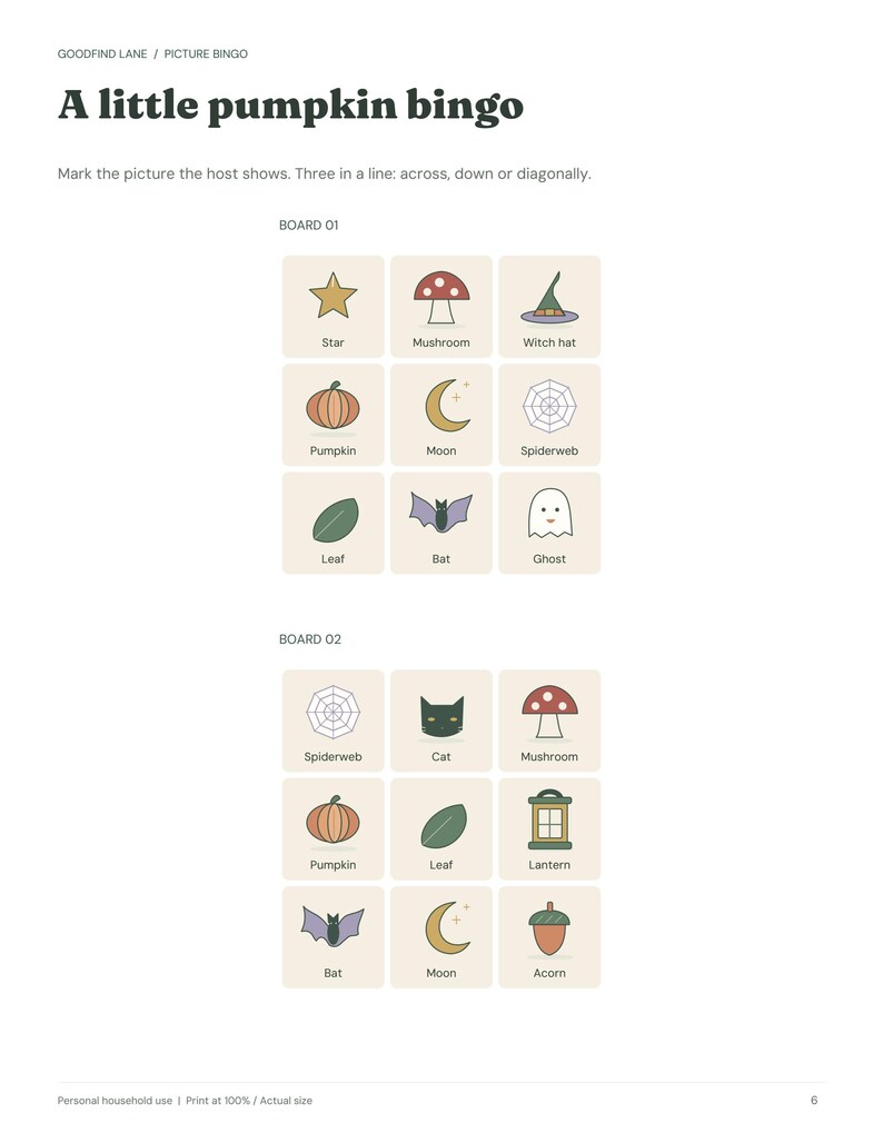 May include: A printable game sheet titled A little pumpkin bingo featuring two 3x3 grids labeled BOARD 01 and BOARD 02. Each grid contains icons of autumn and Halloween symbols like pumpkins, mushrooms, bats, ghosts, and stars with text labels.