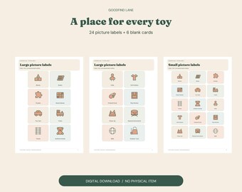 Printable Toy Bin Labels, 24 Picture Categories and 6 Blank Cards, Two Sizes