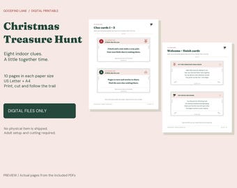 クリスマス室内宝探しプリント、手がかりカード8枚、家族向けホリデーゲーム、USレターサイズ＋A4サイズPDF
