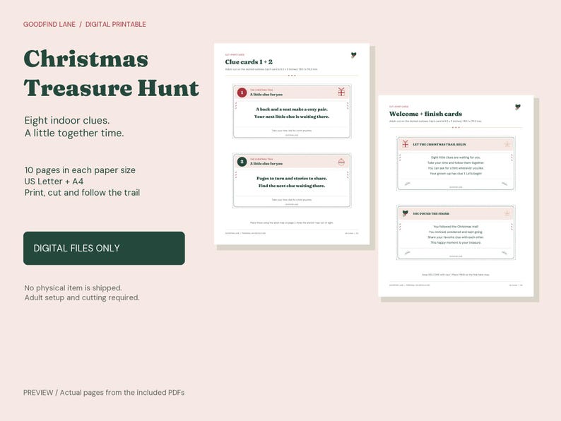 Chasse au trésor de Noël à imprimer en intérieur, 8 cartes indices, jeu familial pour les fêtes, format US Letter + A4 (PDF) image 1