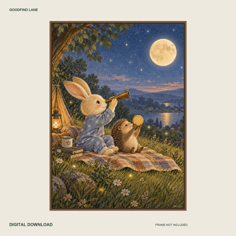 Stargazing Rabbit Printable Wall Art, Kids Room Digital Download, 5 PDF Sizes Including 50x70 cm 画像 1