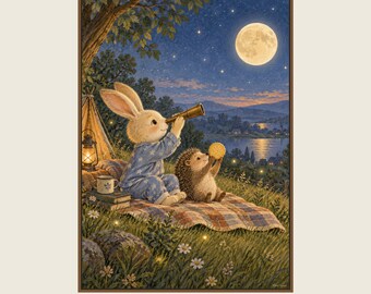Stargazing Rabbit Poster, Kids Animal Wall Art, 50x70 cm Unframed Matte Print