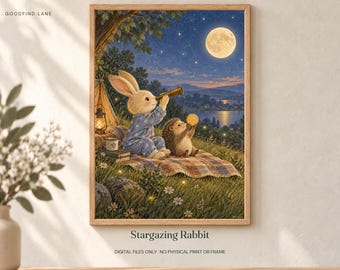 Stargazing Rabbit Printable Wall Art, Kids Room Digital Download, 5 PDF Sizes Including 50x70 cm