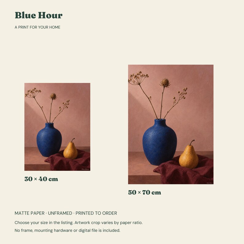 Cobalt Vase Still Life Print, Burgundy Modern Wall Art, 30x40 or 50x70 cm Unframed Matte Poster image 2