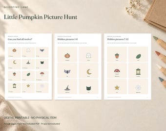 May include: Three white pages titled Little Pumpkin Picture Hunt featuring a grid of twelve illustrated icons including a pumpkin, ghost, bat, moon, witch hat, cat, acorn, leaf, mushroom, lantern, star, and spiderweb with checkboxes for tracking.
