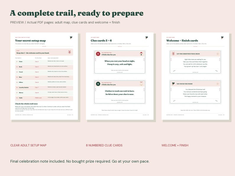 Chasse au trésor de Noël à imprimer en intérieur, 8 cartes indices, jeu familial pour les fêtes, format US Letter + A4 (PDF) image 2