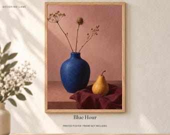 Cobalt Vase Still Life Print, Burgundy Modern Wall Art, 30x40 or 50x70 cm Unframed Matte Poster