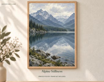Mountain Lake Print, Blue Alpine Landscape Wall Art, 30x40 or 50x70 cm Unframed Matte Poster